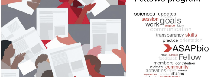 Illustration of diverse people reading papers, accompanied by a 2024 ASAPbio Fellows program text on the right. Below, a word cloud with terms like communication, transparency, and Fellow emphasizes program themes.