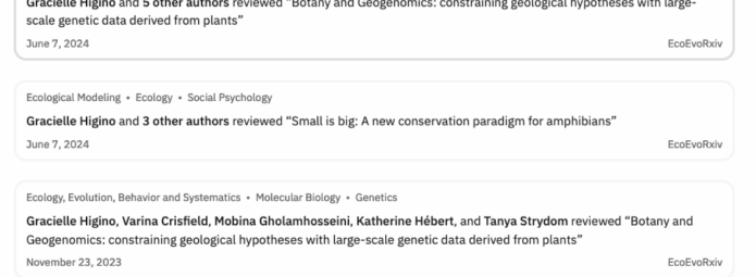 Webpage showcasing Gracielle Higinos academic publications. Includes titles, authors, and categories for studies on ecological genetics, conservation biology, and information systems in science. Publications are dated June and July 2024.