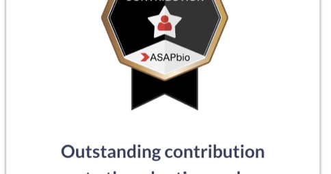 A hexagonal badge with a ribbon says Outstanding Contribution and features a red star and ASAPbio logo. Below, text reads, Outstanding contribution to the adoption and advocacy of preprints.