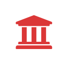Red icon of a classical building with columns and a triangular roof, resembling a courthouse or government structure, on a white background.