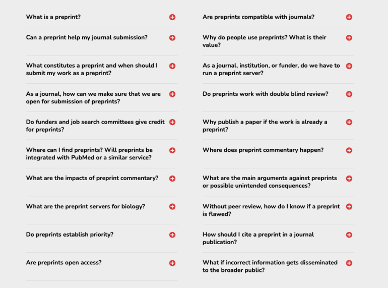 A grid of frequently asked questions about preprints, including topics like journal submission compatibility, preprint value, double-blind review, credit for preprints, integration with databases like PubMed, and establishing priority.