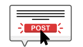 A speech bubble icon contains lines representing text with a large red POST button below them. A black cursor is pointing at the POST button, indicating the action of posting content online.