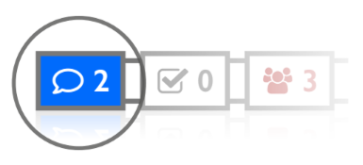 A zoomed-in section of an email interface displays three icons: a blue chat bubble with 2, a gray checkmark with 0, and a faded pink group icon with 3.