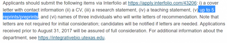Text outlining application requirements: a cover letter, CV, research and teaching statements, up to 5 reprints/preprints, and names of three recommenders. Letters are initially not needed. Applications before August 31, 2017, get full consideration.