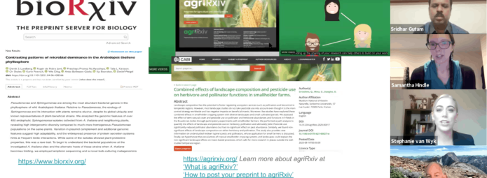 Screenshot of a digital presentation featuring screenshots of websites, thumbnails of people in video calls, and logos of bioRxiv and agriRxiv. Text includes links and information about submitting preprints related to biology and agriculture.