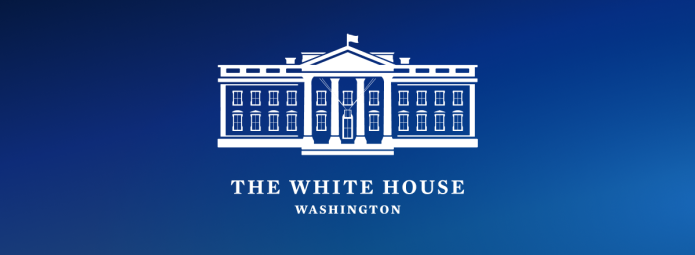 Stylized white illustration of the White House with text reading THE WHITE HOUSE WASHINGTON on a gradient blue background.