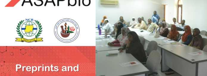 A group of people sit at desks in a classroom setting, looking forward. On the left, text reads ASAPbio with logos below. The background has the text Preprints and open science on a red patterned design.