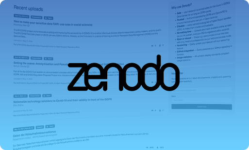 The image shows a Zenodo webpage with a large Zenodo logo centered. The background displays a list of recent uploads and text explaining benefits and features of Zenodo in a sidebar. The page has a blue gradient overlay.